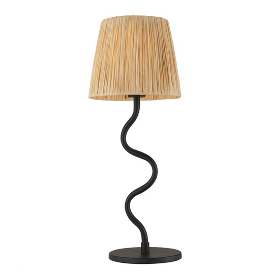 Table lamp with a curved black base and pleated beige shade on a white background