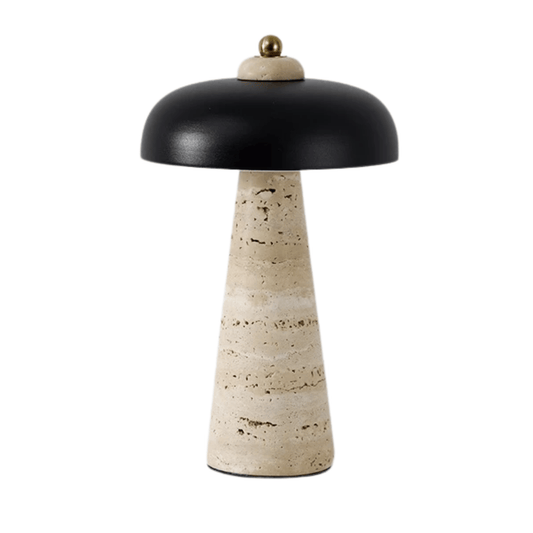 Ceramic table lamp with black shade and beige base on a white background