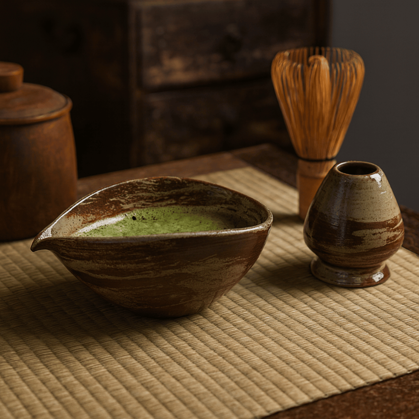 Traditional Japanese tea-making set on a tatami mat