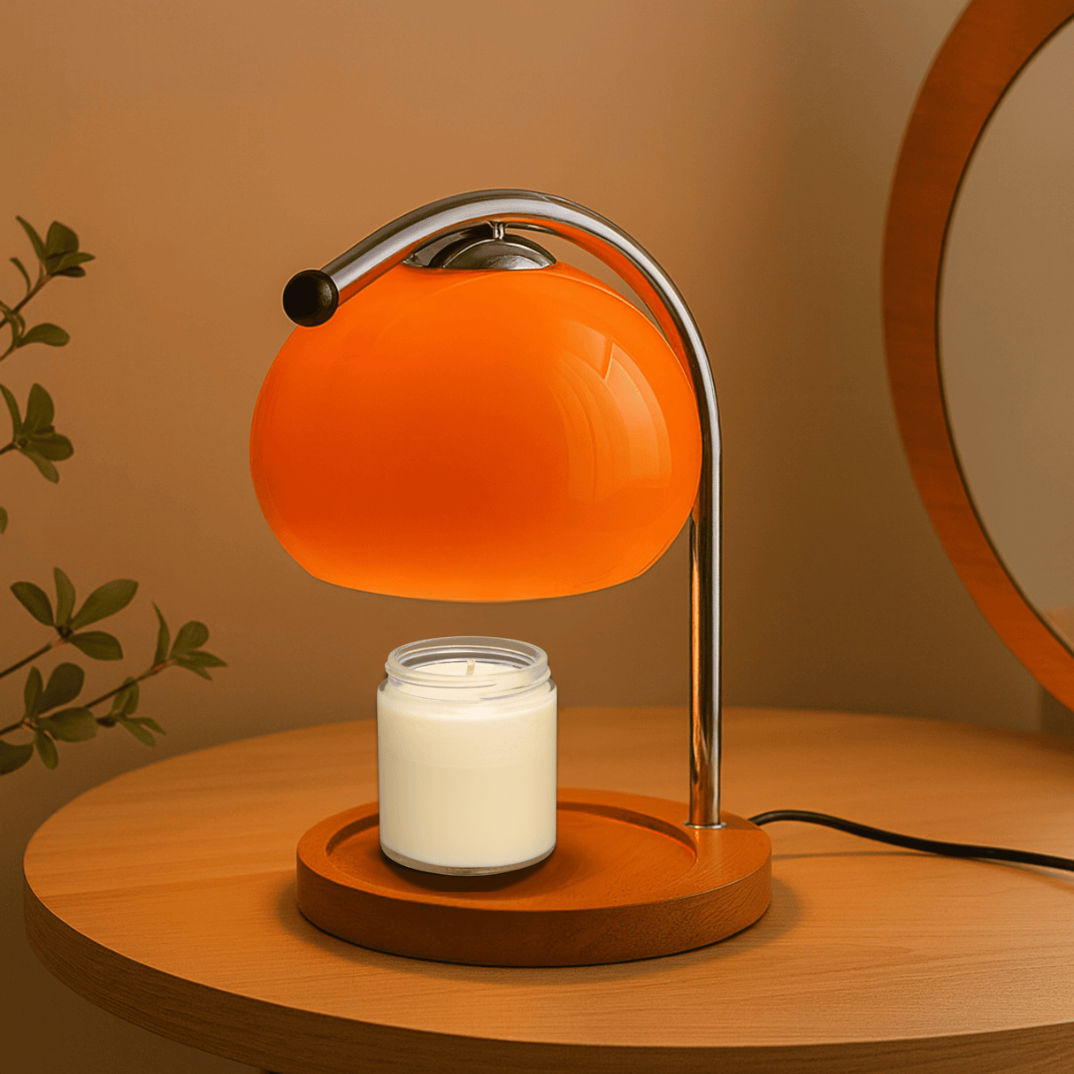 Table lamp with orange glass shade and wooden base on a wooden surface.