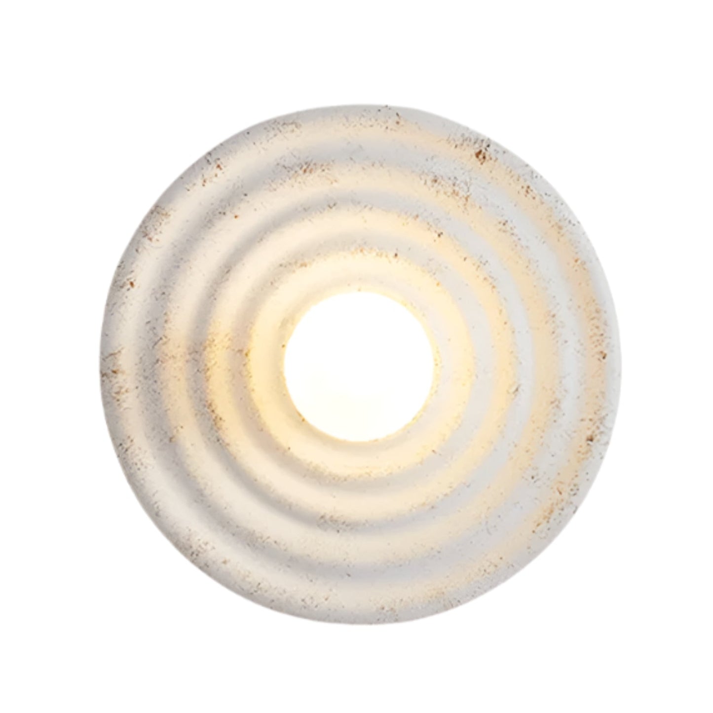 Round light fixture with a textured surface on a white background