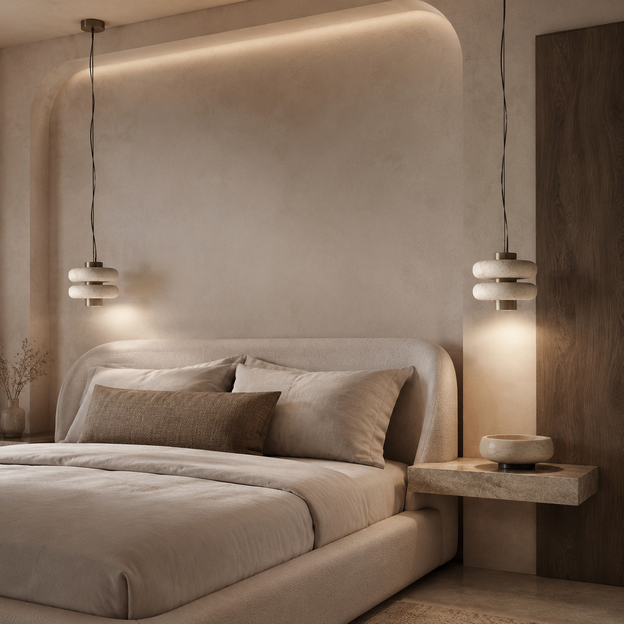 A modern bedroom scene with a low-profile platform bed dressed in neutral beige bedding and pillows, flanked by two pendant lights, a floating stone bedside table, and a textured beige wall with warm ambient lighting.