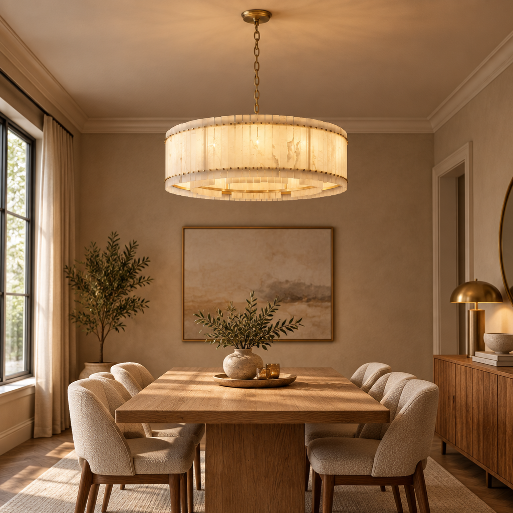 American Natural Alabaster and Brass Lighting – Round 80cm – medium dining room lifestyle