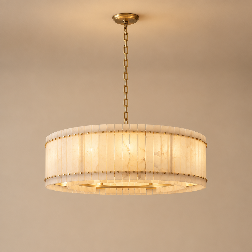 American Natural Alabaster and Brass Lighting – Round 80cm – premium beige background
