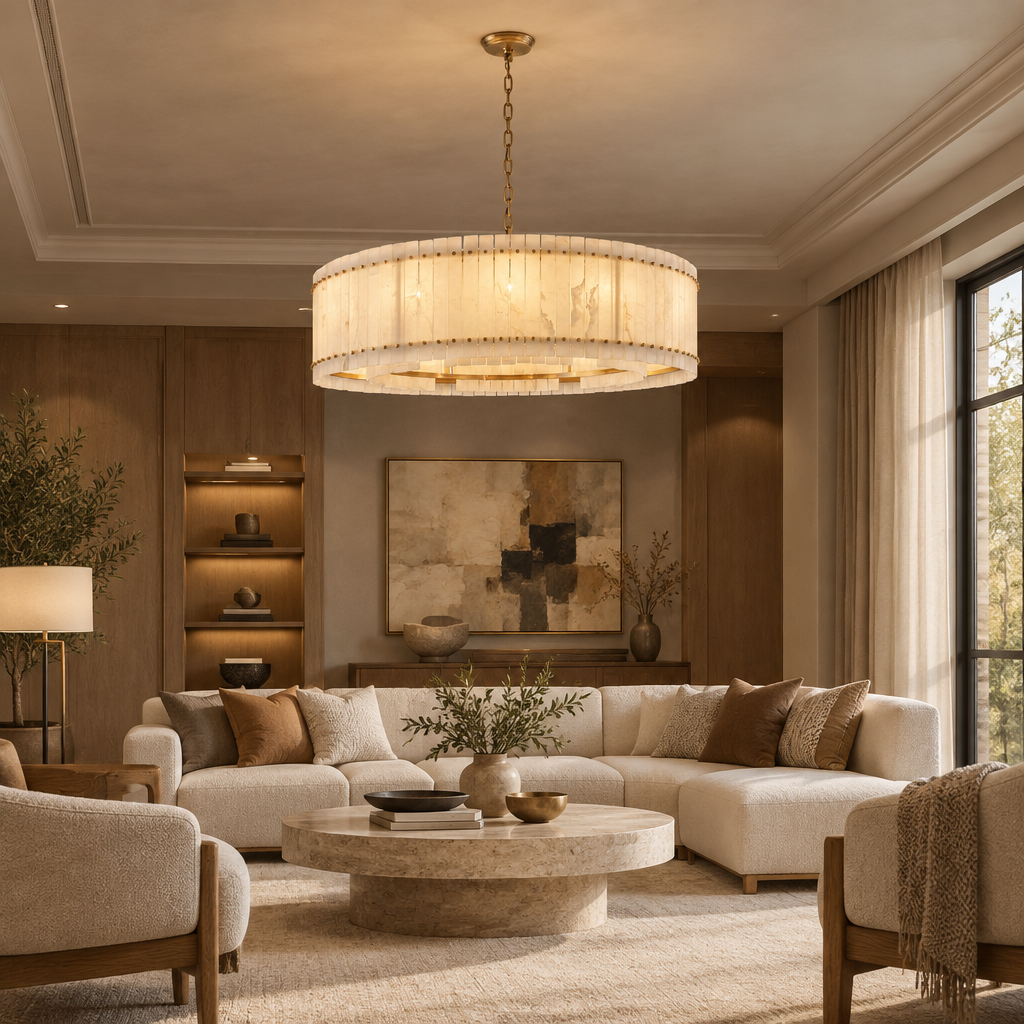 American Natural Alabaster and Brass Lighting – Round 120cm – hotel lounge lifestyle