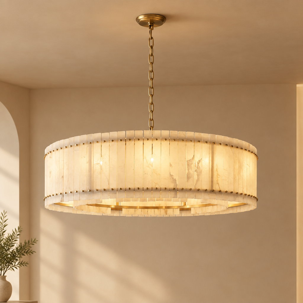 American Natural Alabaster and Brass Lighting – Round 120cm – premium beige background