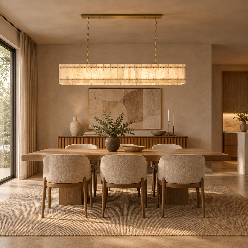 American Natural Alabaster and Brass Lighting – Rectangular 120cm – six-seat dining lifestyle