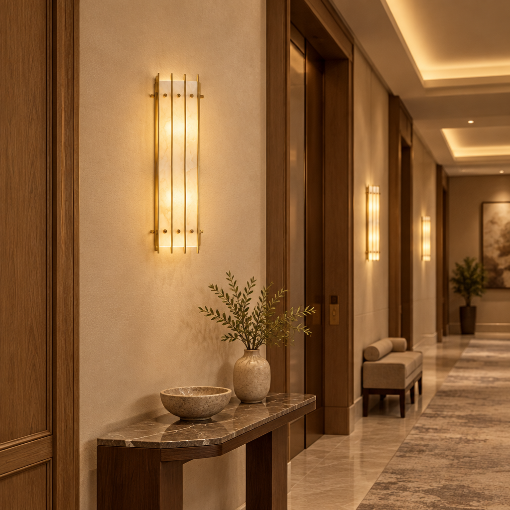 American Natural Alabaster and Brass Lighting – Wall Lamp B 22 × 65cm – hotel corridor lifestyle