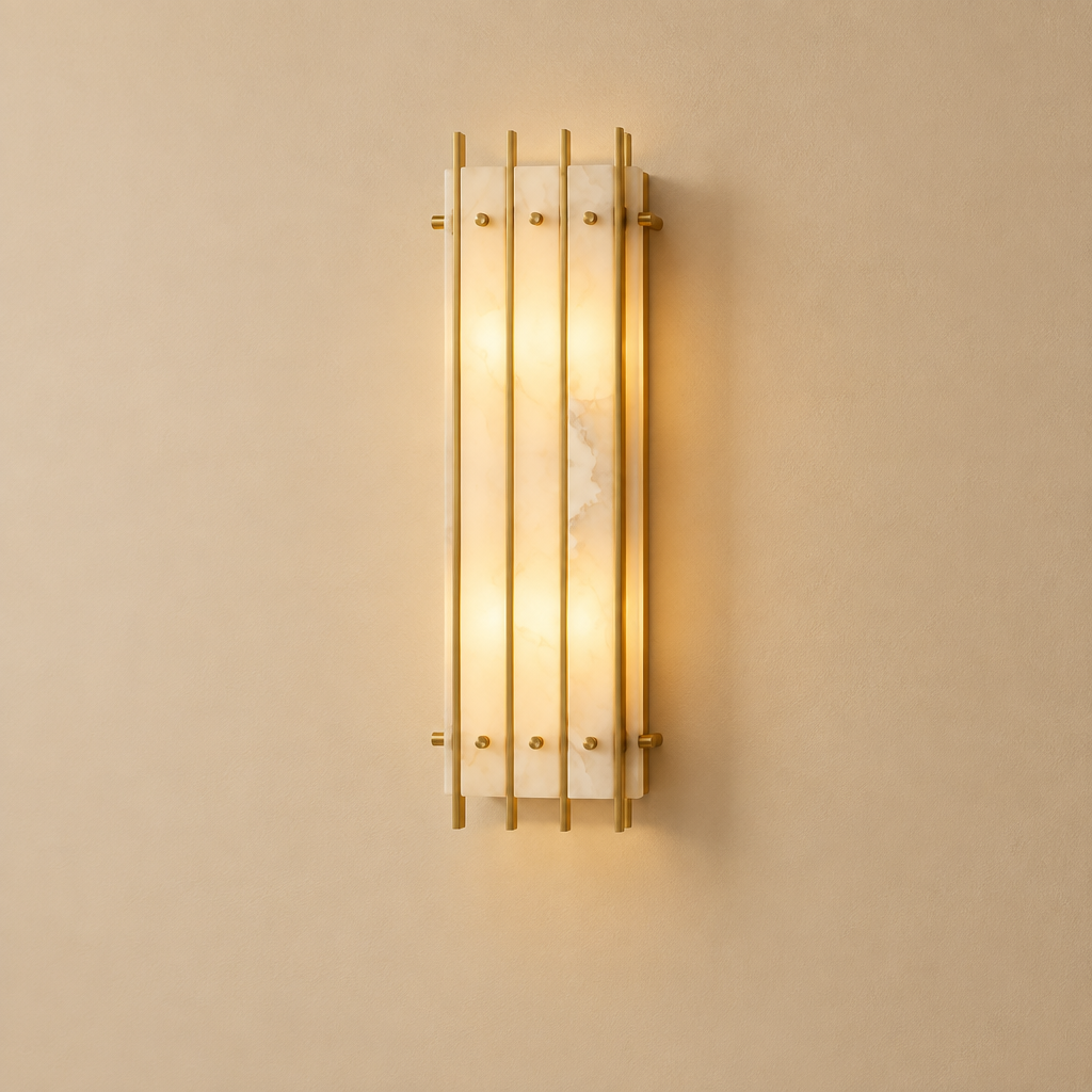 American Natural Alabaster and Brass Lighting – Wall Lamp B 22 × 65cm – premium beige background