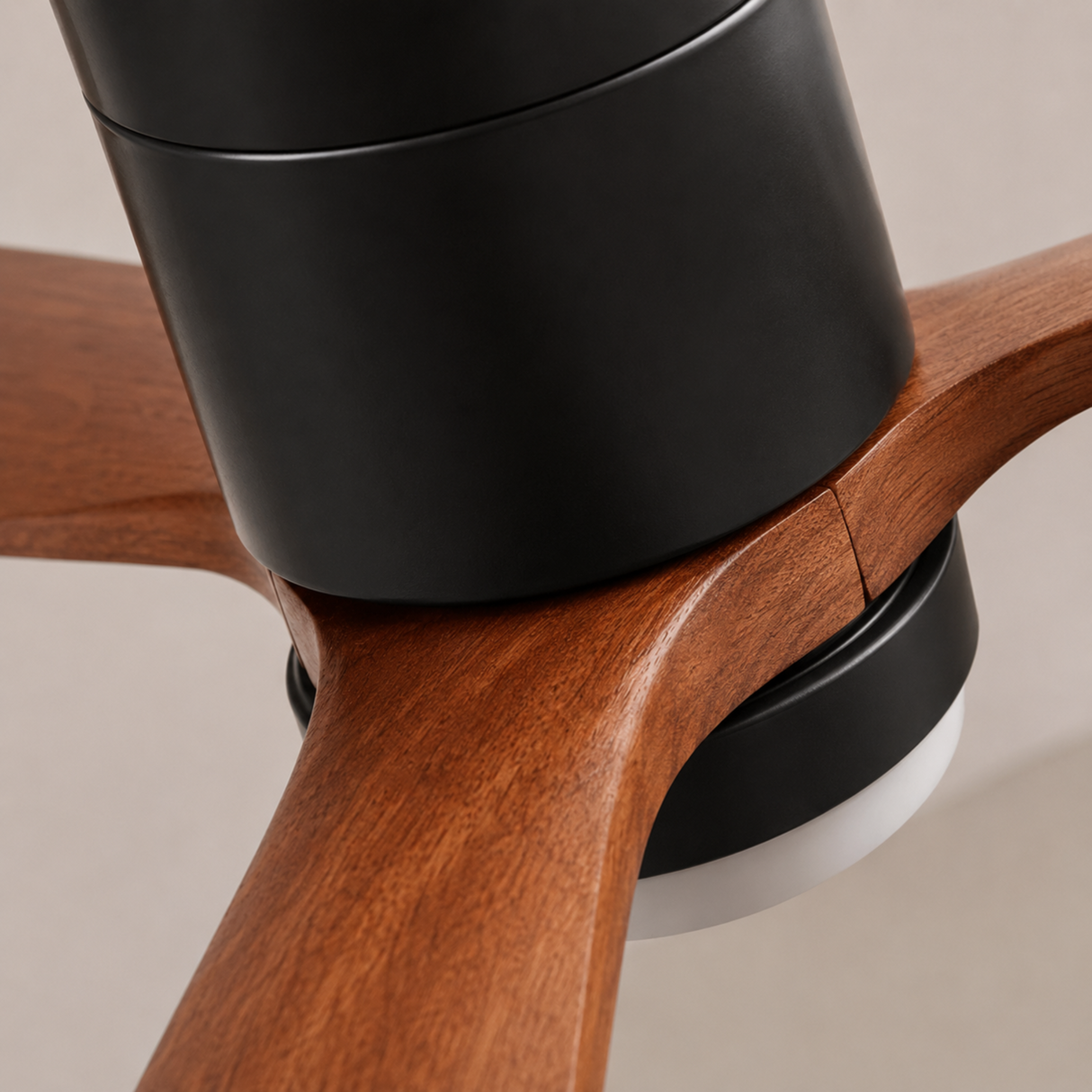 Close-up of a wooden chair with black metal components on a neutral background