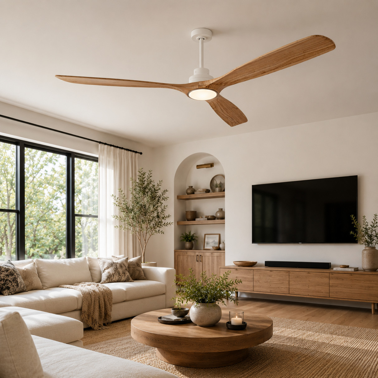 Modern living room with a ceiling fan, TV, and decor elements.
