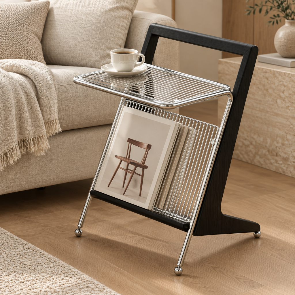 Wood and chrome side table – D – lifestyle Beside linen sofa in calm elegant living room, small cup on chrome tray and neutral magazine in rack.