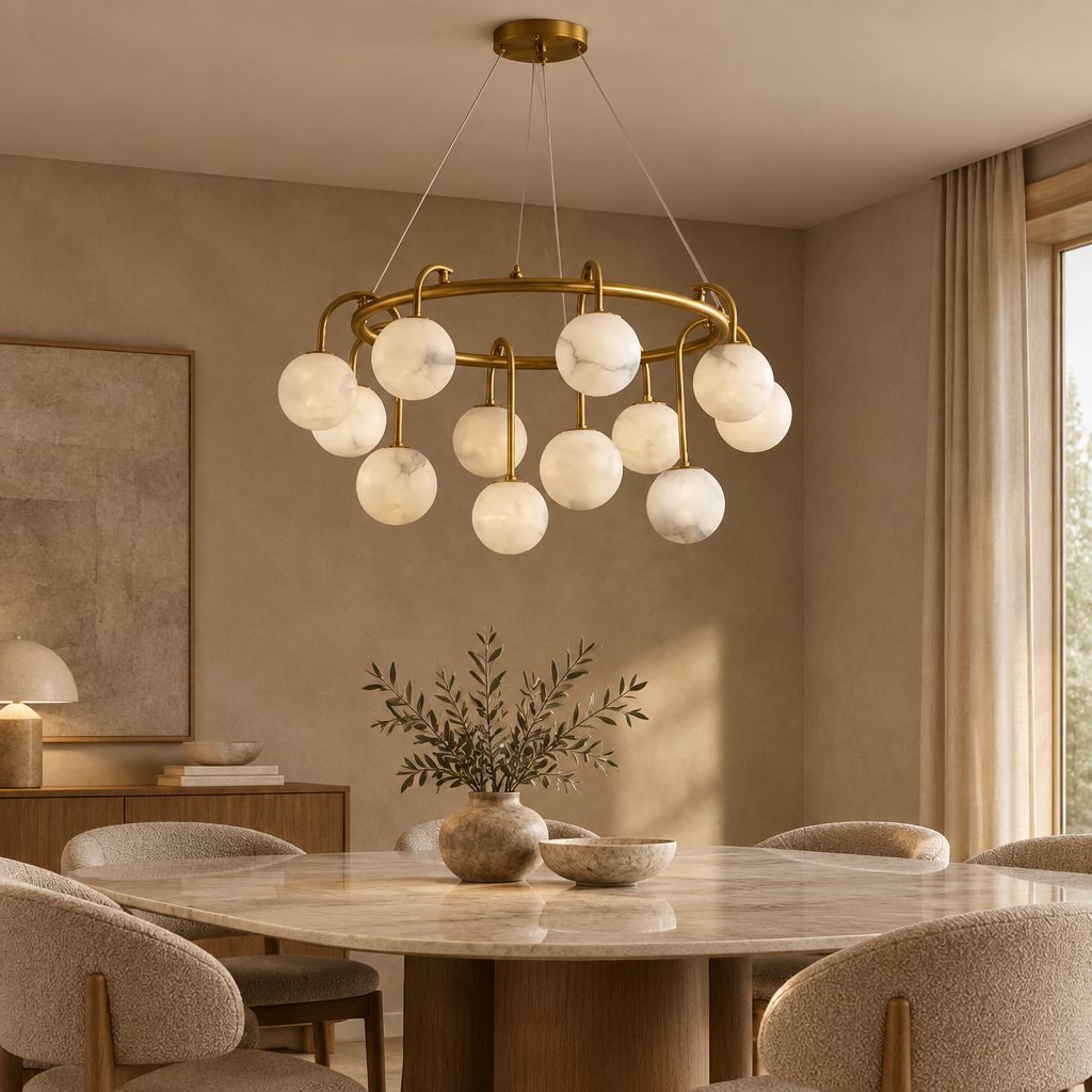 Marble ball light – 80cm Brass – lifestyle Installed above dining table in elegant warm beige dining room, ceiling connection visible, exact scale relative normal furniture.