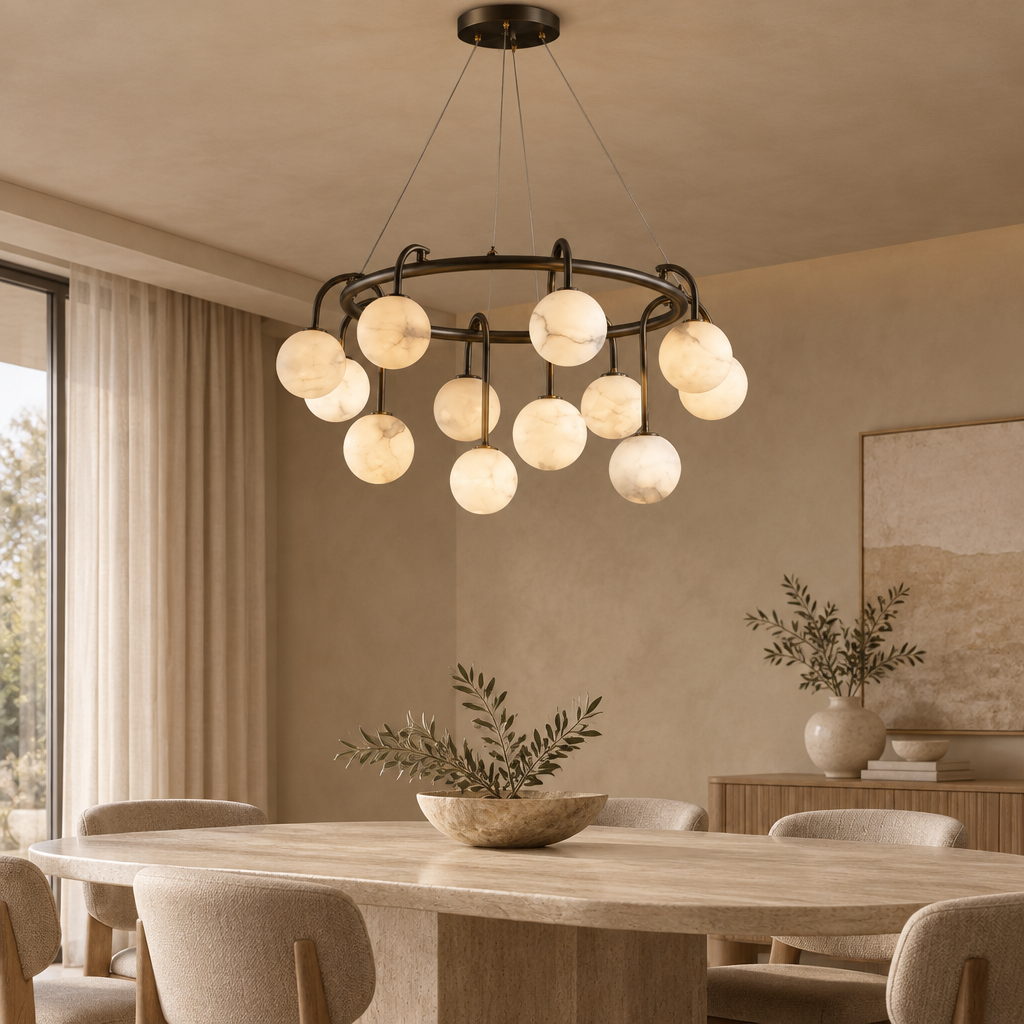 Marble ball light – 80cm Black – lifestyle Installed above dining table in elegant warm beige dining room, ceiling connection visible, exact scale relative normal furniture.