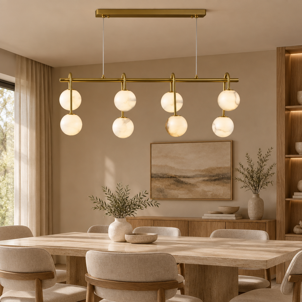 Marble ball light – L100cm Brass – lifestyle Installed above dining table in elegant warm beige dining room, ceiling connection visible, exact scale relative normal furniture.