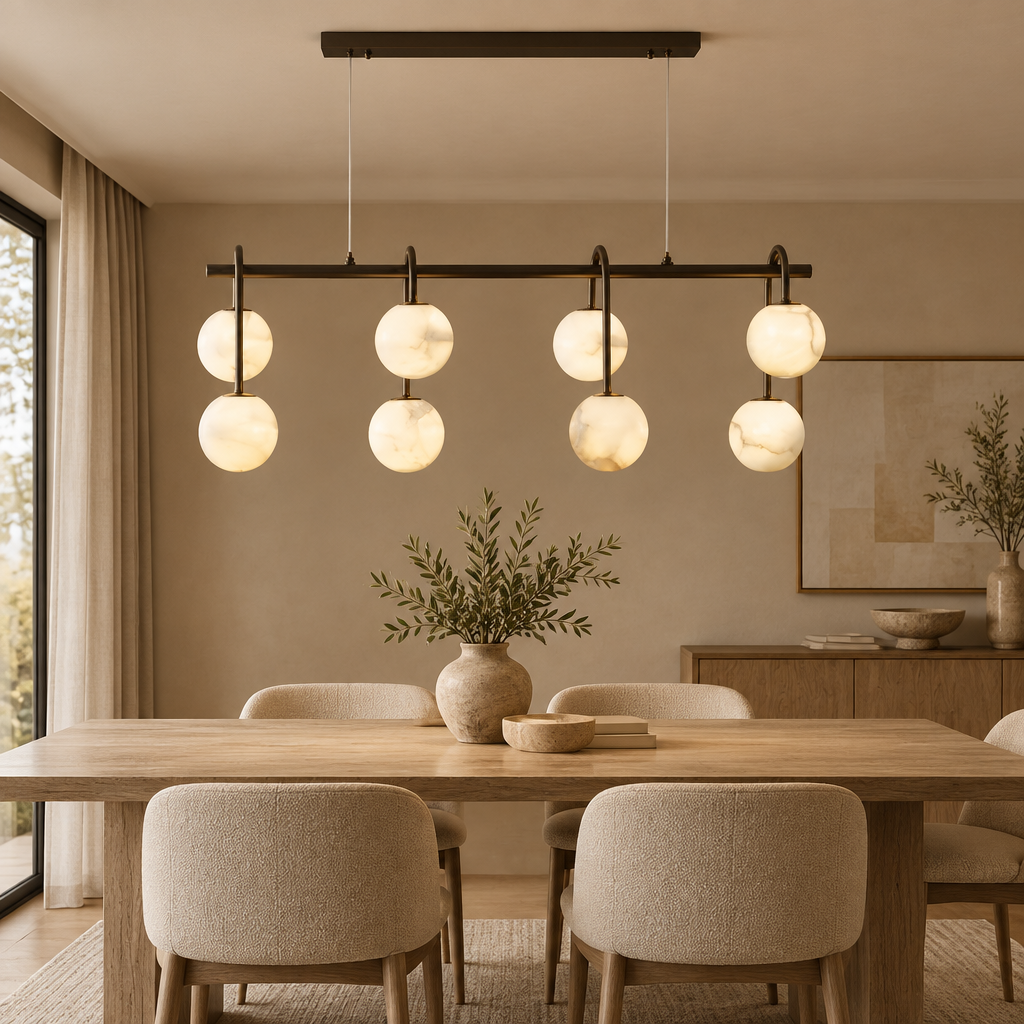 Marble ball light – L100cm Black – lifestyle Installed above dining table in elegant warm beige dining room, ceiling connection visible, exact scale relative normal furniture.