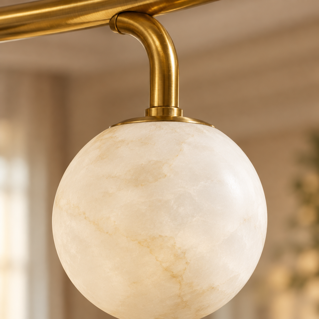 Marble ball light – 70cm Brass – close-up of marble and brass connection
