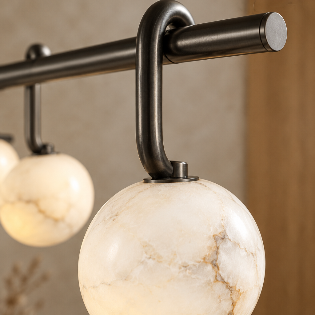 Marble ball light – L100cm Black – close-up Tight side macro of black metal curved hook connection to one marble sphere, fixture mostly outside frame.