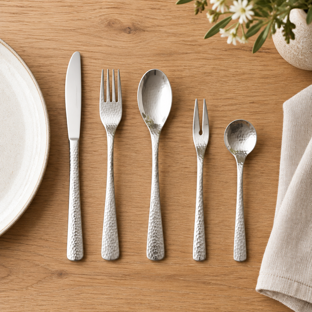 Hammered silver cutlery – 5pcs – lifestyle All selected utensils fully visible laid beside ceramic dinner plate on elegant oak dining table, linen napkin, natural daylight.