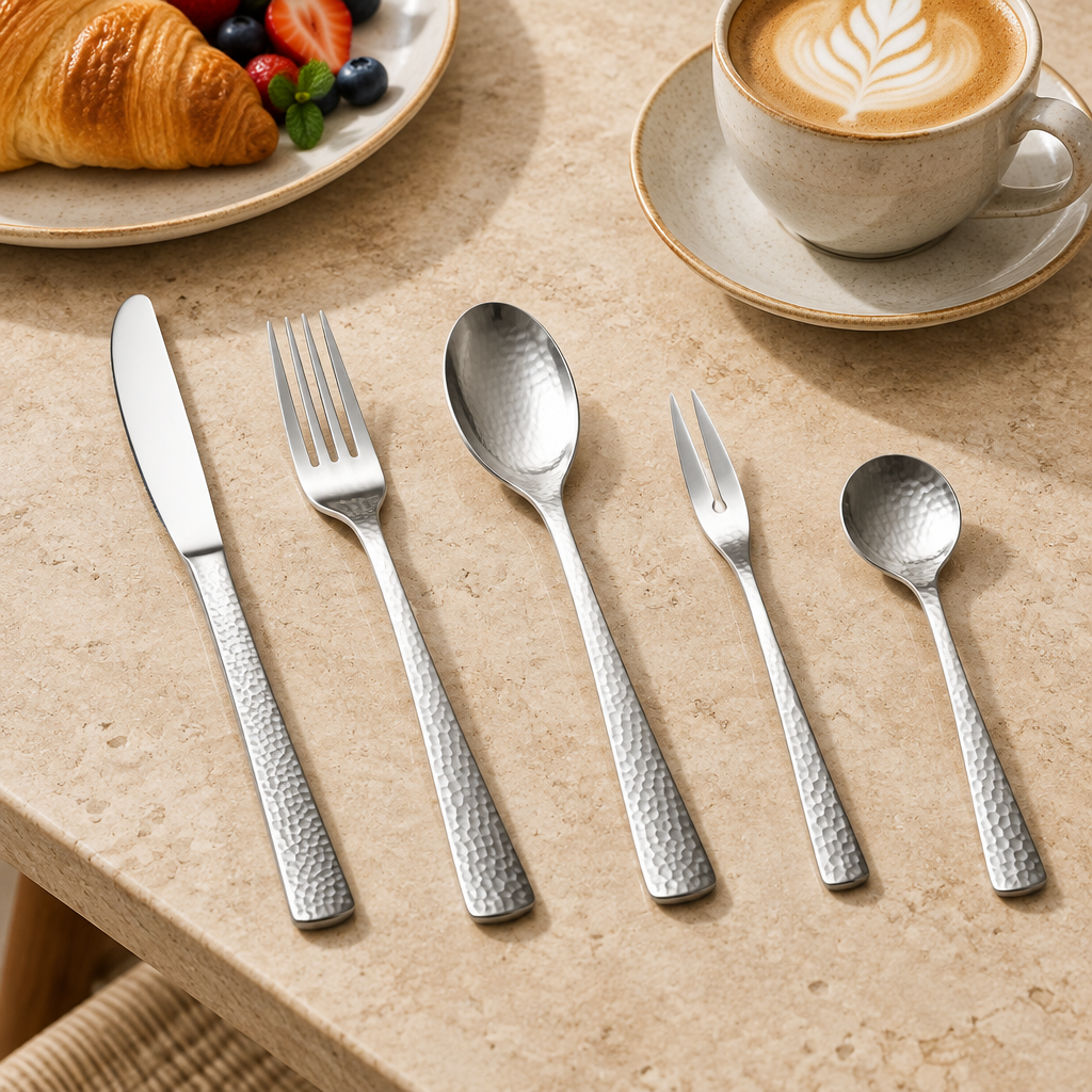 Hammered silver cutlery – 5pcs – lifestyle All FIVE pieces fully visible in breakfast cafe setting around ceramic plate and coffee cup on beige stone tabletop. Different camera angle, no added utensils.