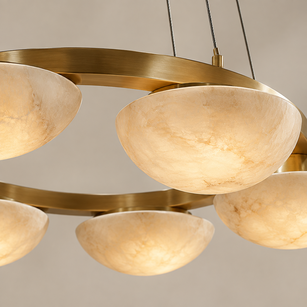 Alabaster chandelier – D60cm – close-up Tight macro crop of actual material and metal connection, product extends OUTSIDE frame. Show detailed texture, not entire fixture.