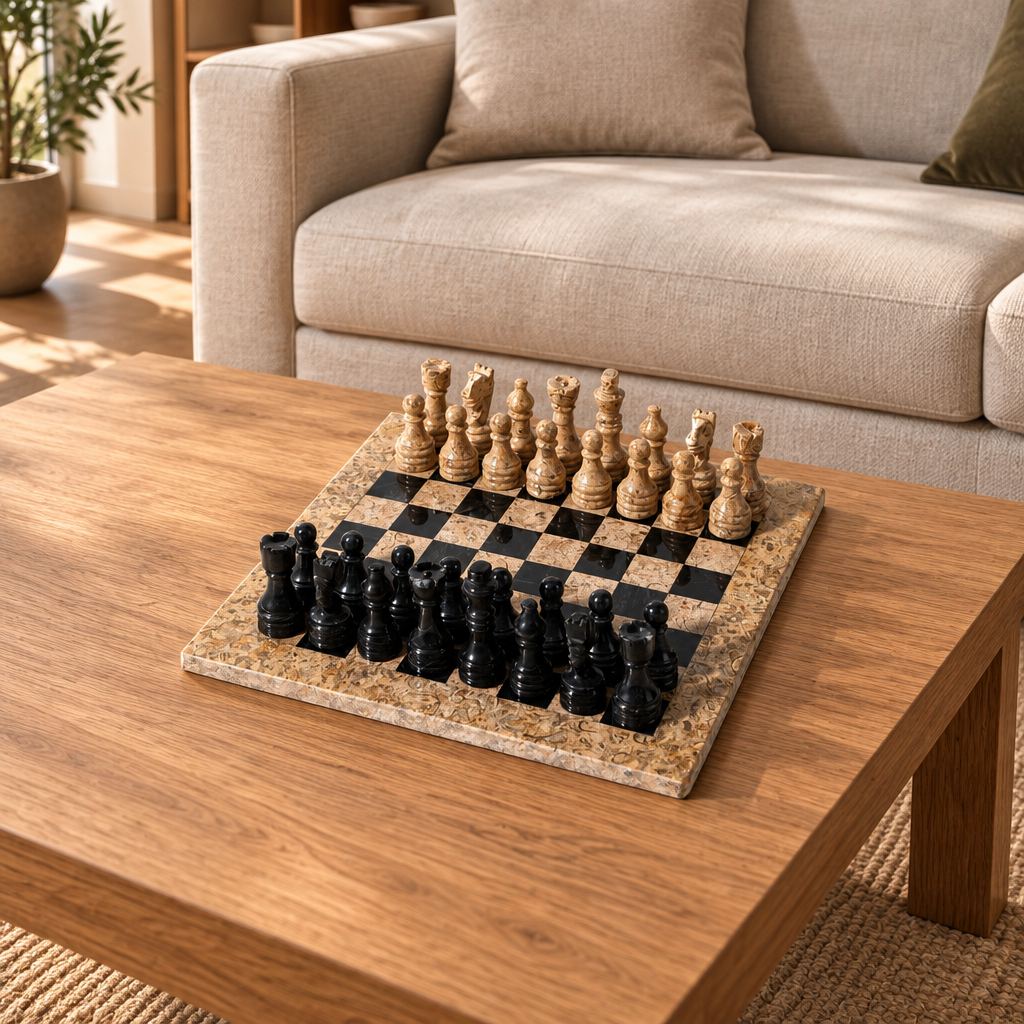 D beige border black pieces Natural Stone Carved Chess Set — lifestyle photograph