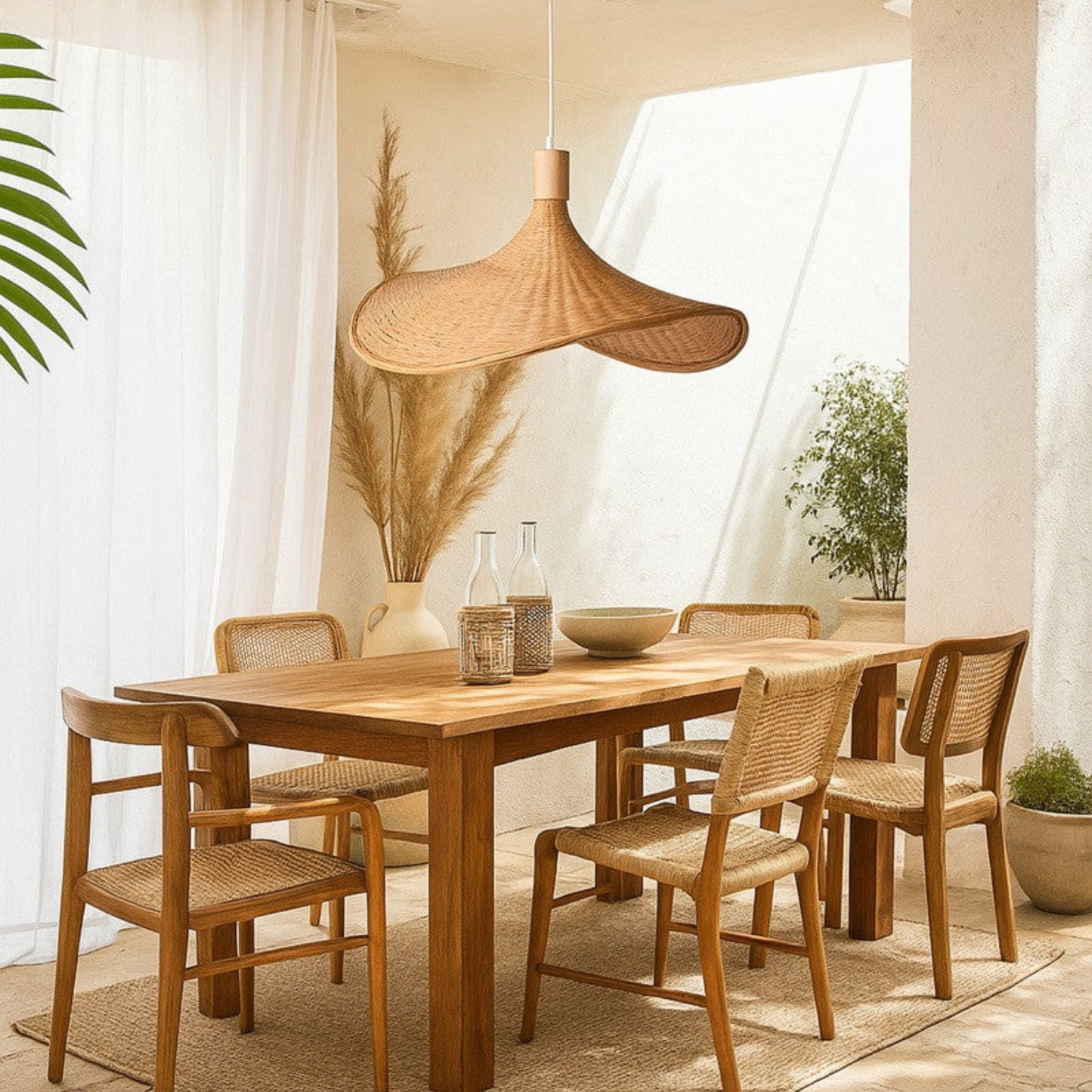 Dining area with wooden table and chairs, pendant light, and plants.