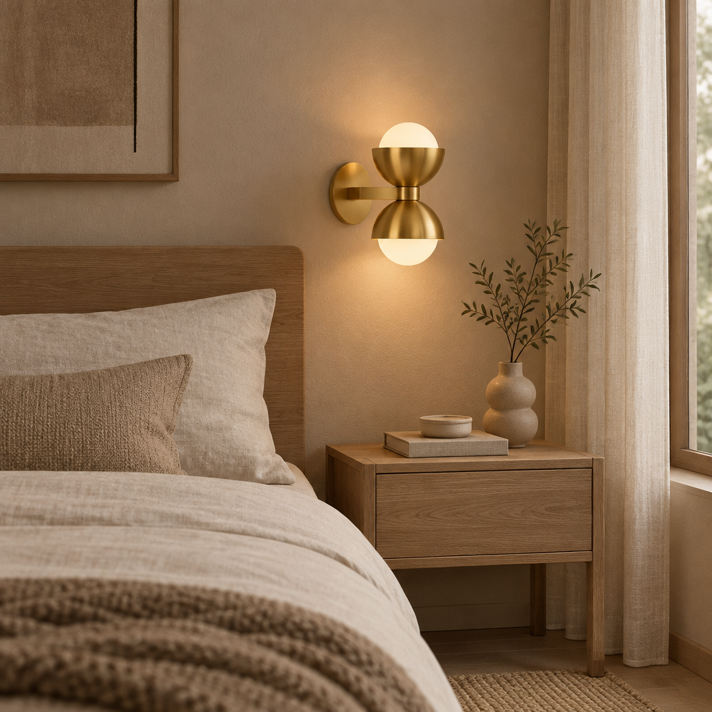 Gold brass glass wall lamp in a warm Japandi bedroom