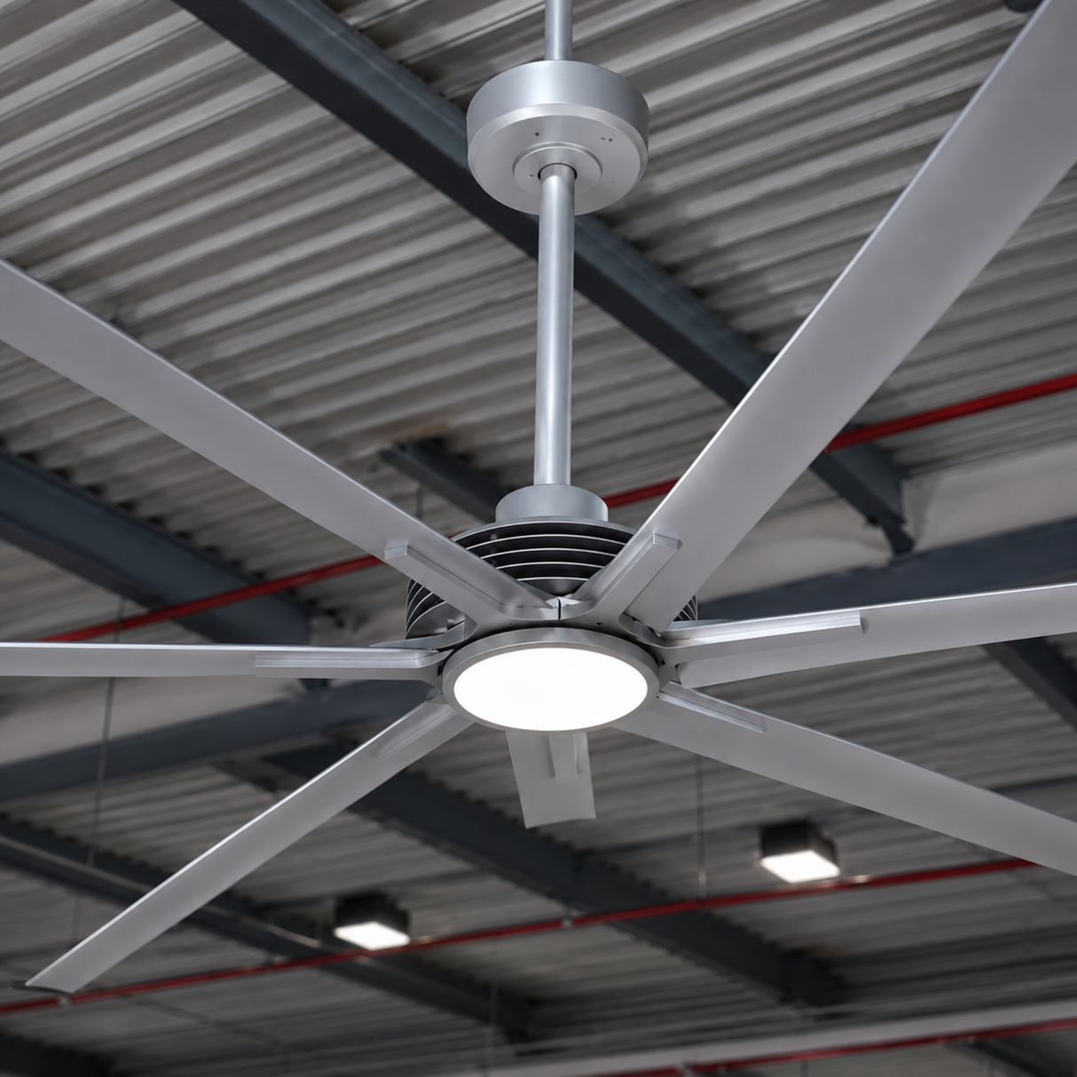 Large industrial ceiling fan in a warehouse setting
