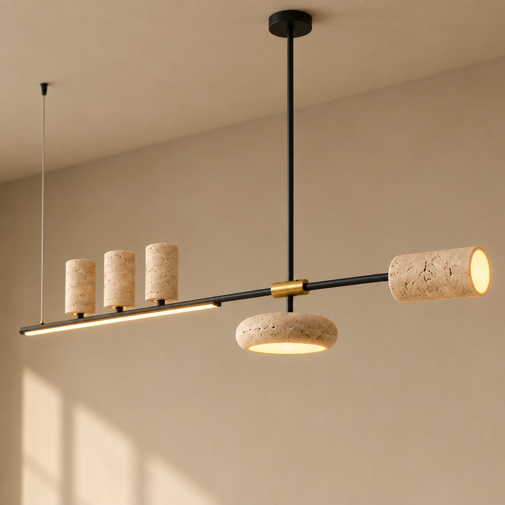Angled close-up of Cavelle natural cave-stone pendant shades and black frame