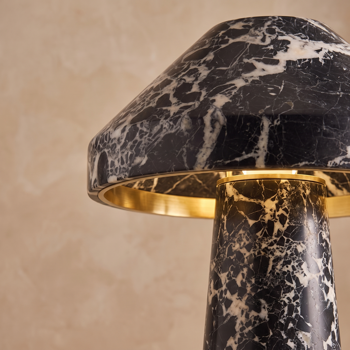 Cordless table lamp close-up of stone finish and gold trim