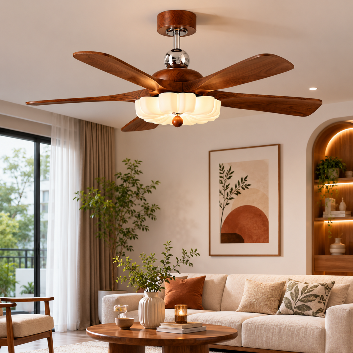 Modern living room with a wooden ceiling fan, beige sofa, and decorative elements.