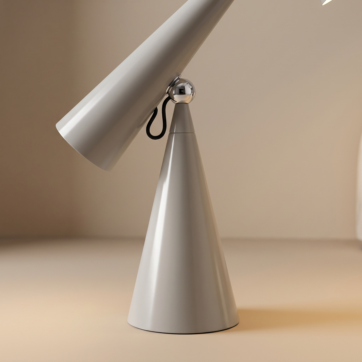 Designer Conical Portable Table Lamp – Variant A Soft Grey – base and arm close detail
