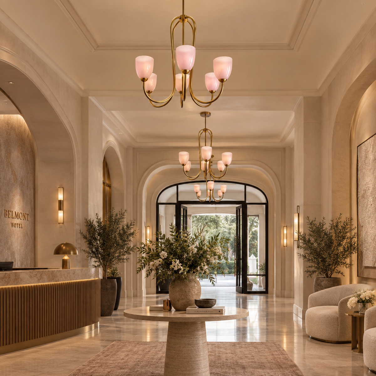 A luxury hotel lobby with elegant gold chandeliers, cream walls, arched doorways, a marble reception desk, and a central round table with floral arrangements.