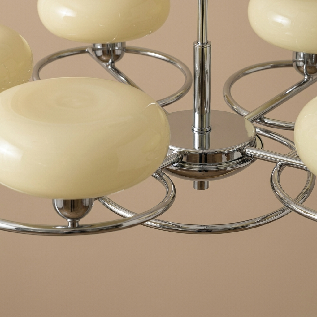 A close-up of a modern chandelier with glossy cream-colored oval glass shades and a polished chrome metal frame, set against a solid warm beige background.