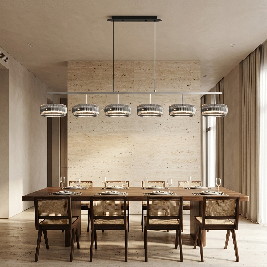 A modern 6-light linear pendant chandelier with brushed metal shades hangs over a dining table and chairs in a minimalist, warm-toned dining room with a textured beige stone wall.