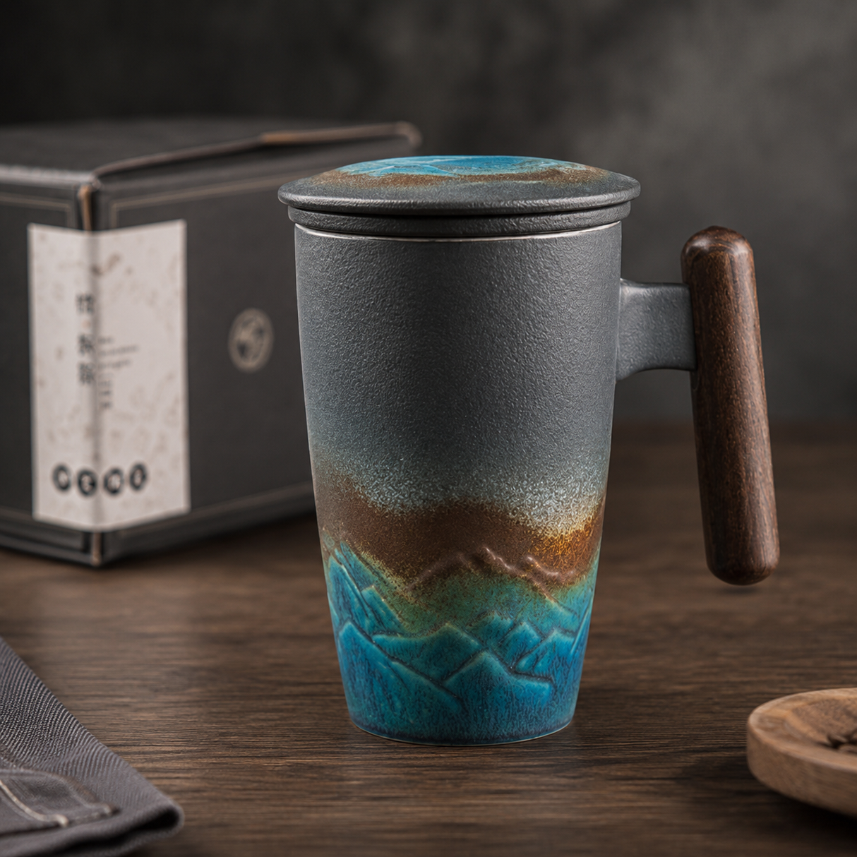 Kuro Artisan Ceramic Tea Infuser Mug with turquoise mountain glaze and dark wooden handle on a timber table