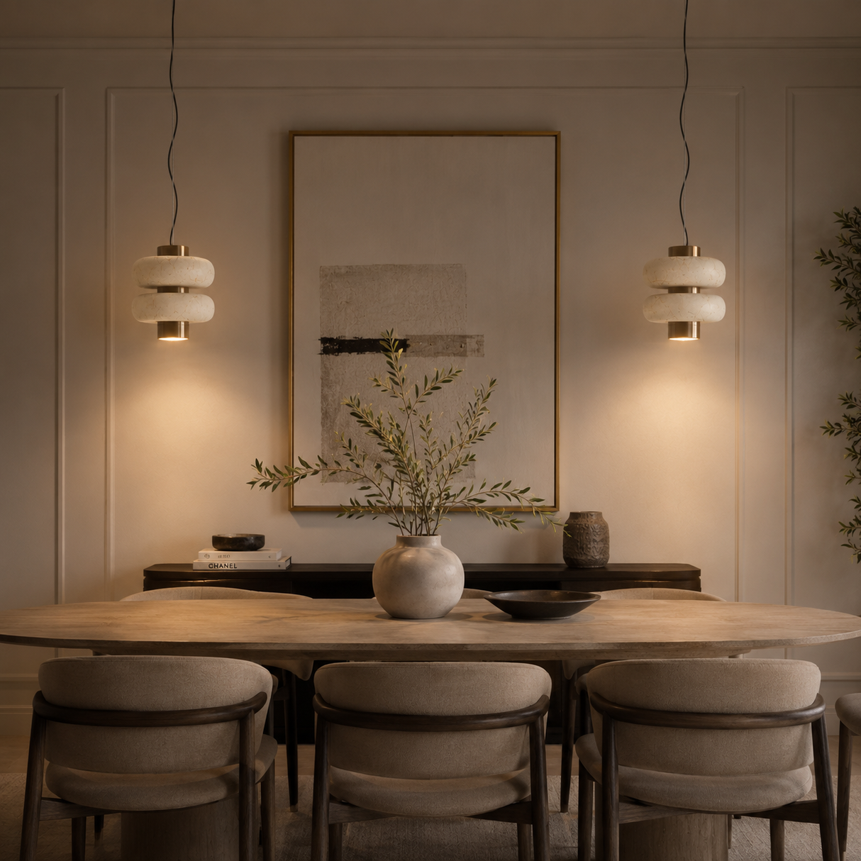 A modern dining room scene with two layered pendant lights hanging above a wooden table and upholstered chairs, set against a beige paneled wall with a framed abstract print.