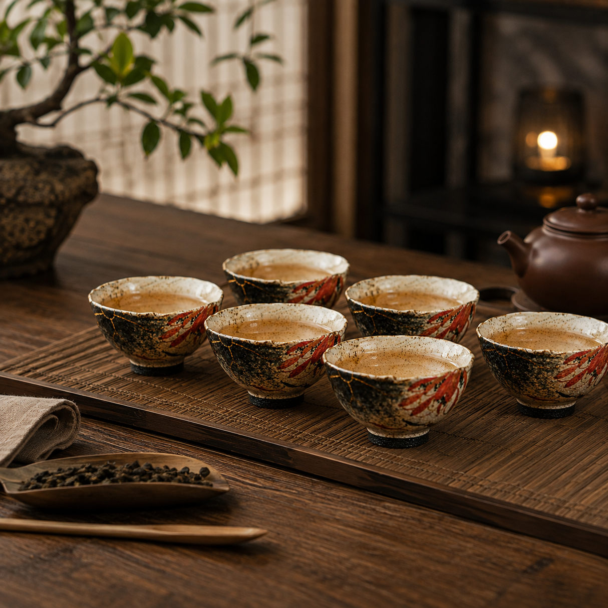 Six-piece Lotus Koi Artisan Tea Bowl Collection displayed in a luxury Japandi tea ceremony setting
