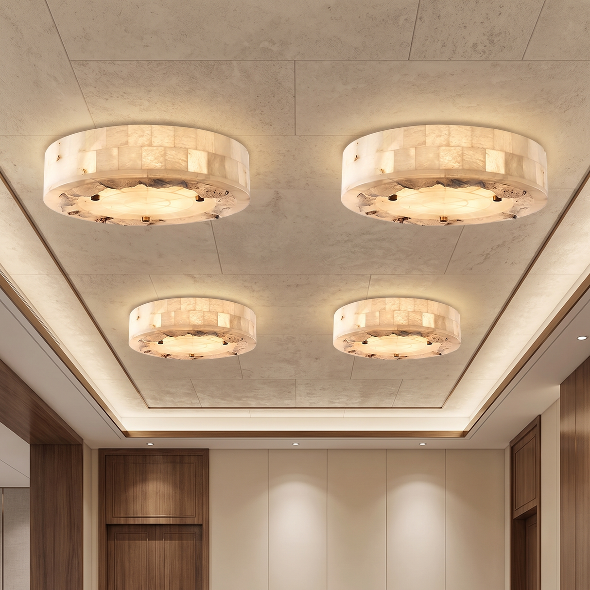 Multiple natural marble ceiling lamps in a luxury hotel