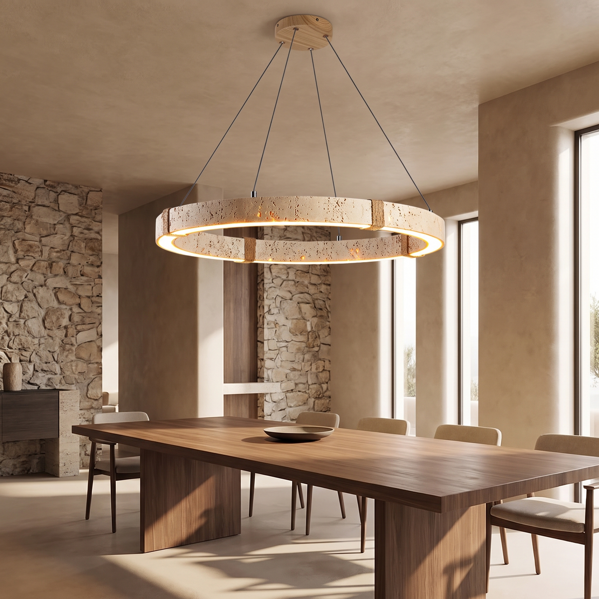 Modern Natural Yellow Travertine Square Pendant Light – Light Yellow 60 cm – spacious modern dining room setting
