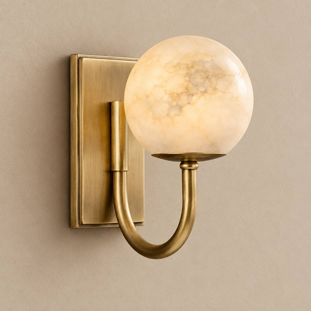Natural alabaster globe wall light – stone and antique brass close-up