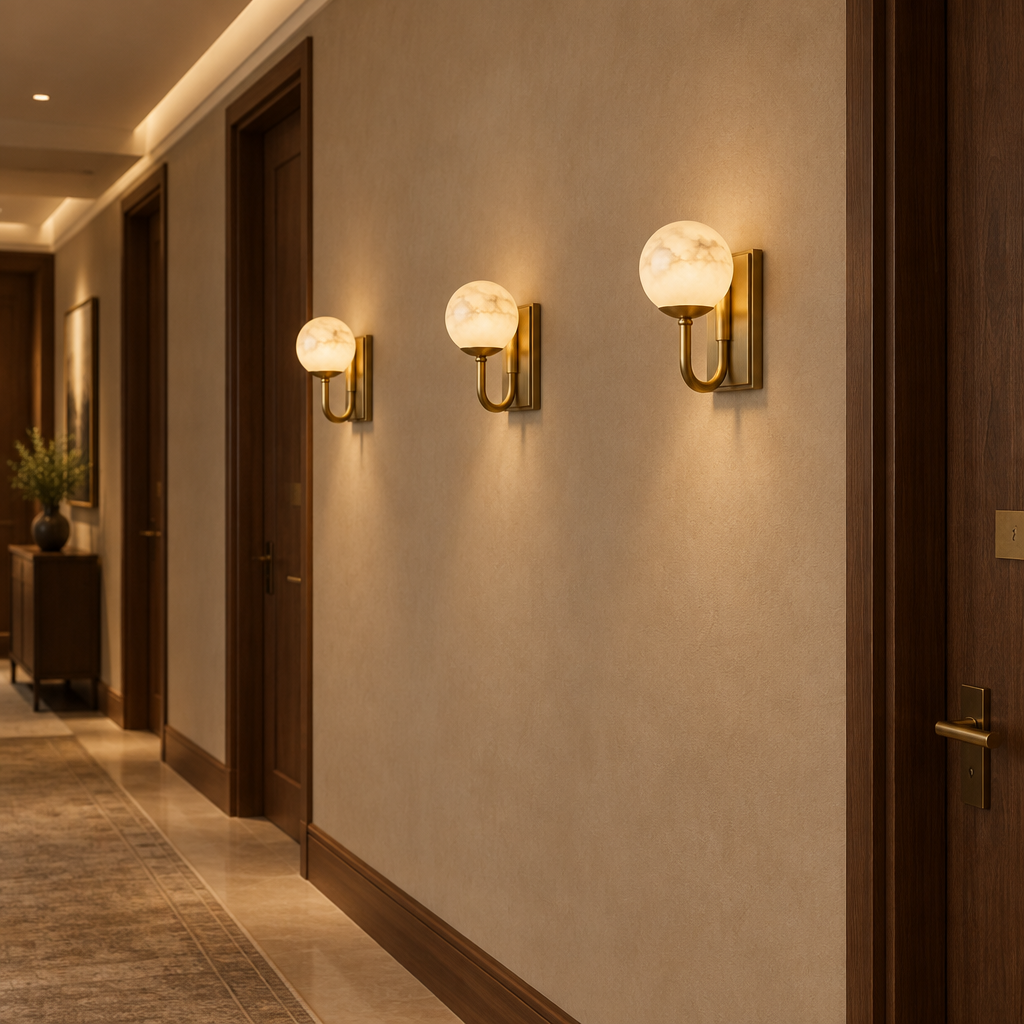 Natural alabaster globe wall light – three lamps in hotel corridor