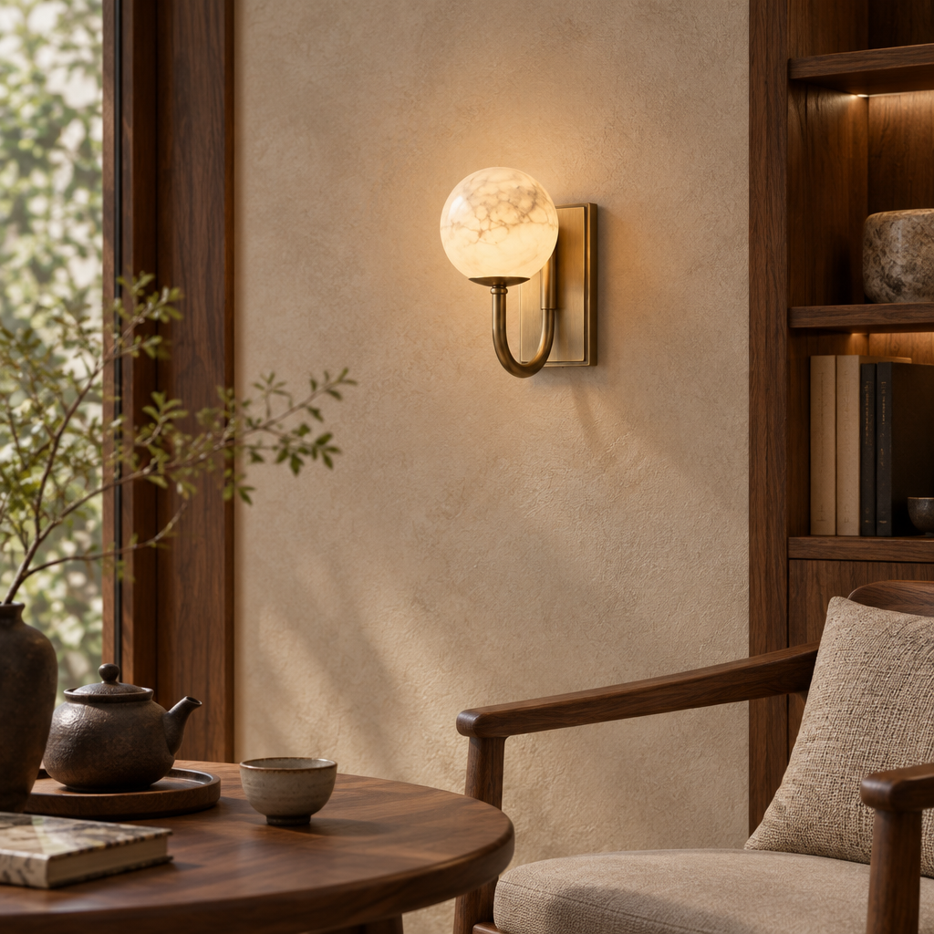 Natural alabaster globe wall light – warm tea room setting