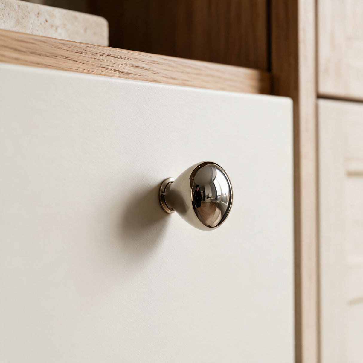 Nivara 6312.31D PVD nickel-silver brass cabinet knob installed in luxury kitchen cabinetry