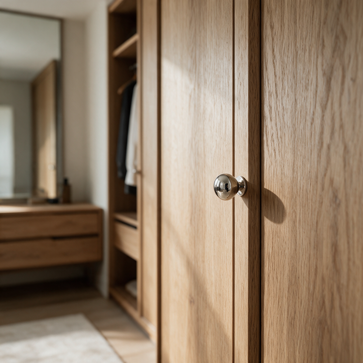 Nivara 6312.31T PVD nickel-silver brass cabinet knob installed on natural oak wardrobe cabinetry