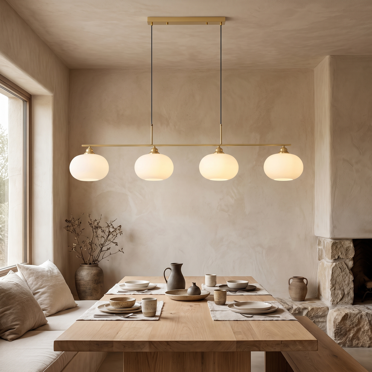 Nordic Linear Globe Chandelier – gold 4-head – dining-room lifestyle
