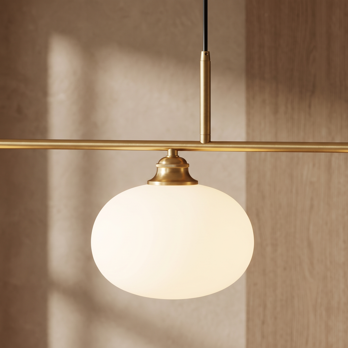 Nordic Linear Globe Chandelier – gold 4-head – opal-glass and metal close detail