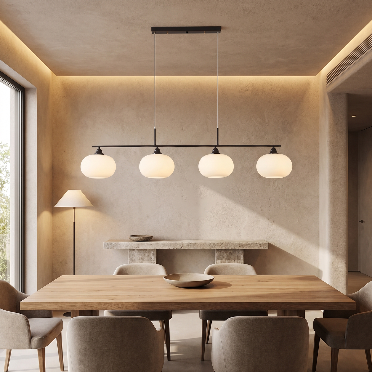Nordic Linear Globe Chandelier – black 4-head – dining-room lifestyle