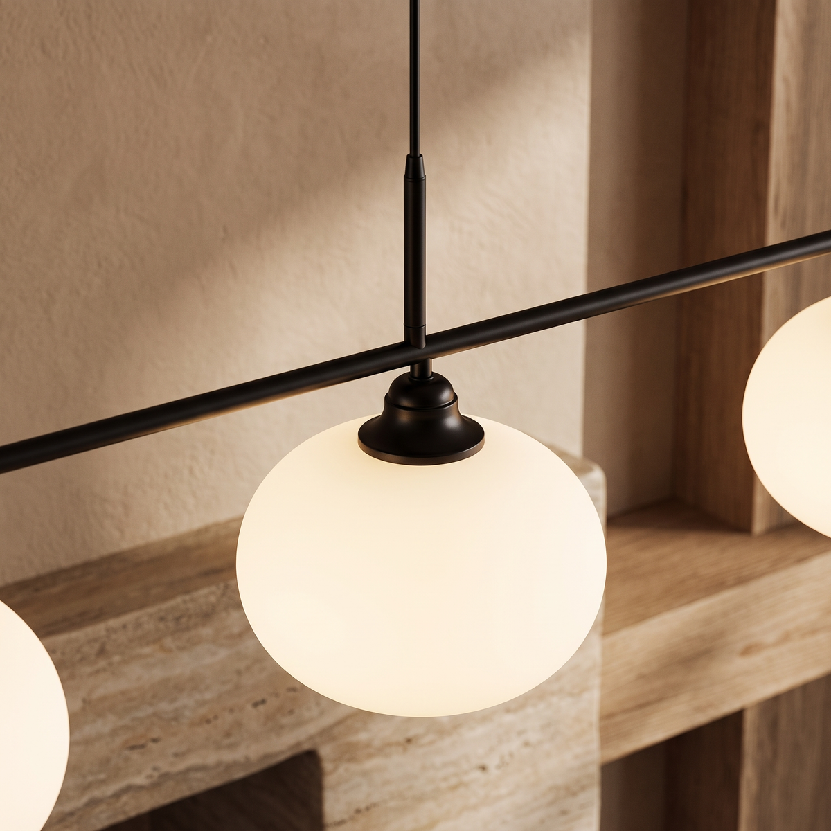 Nordic Linear Globe Chandelier – black 4-head – opal-glass and metal close detail